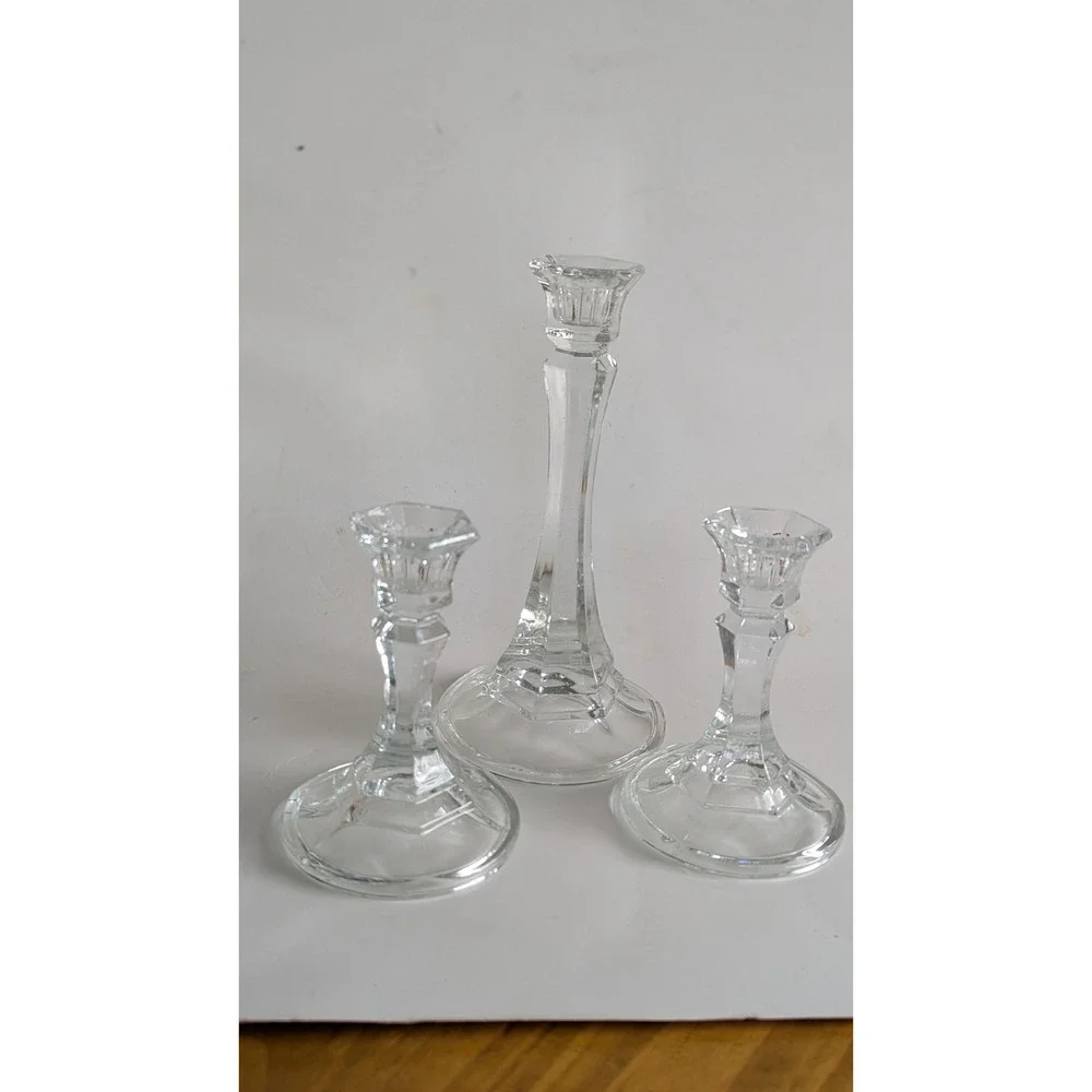 Set of 3 Clear Glass Candlestick Holders Hexagonal Stem Taper Trio